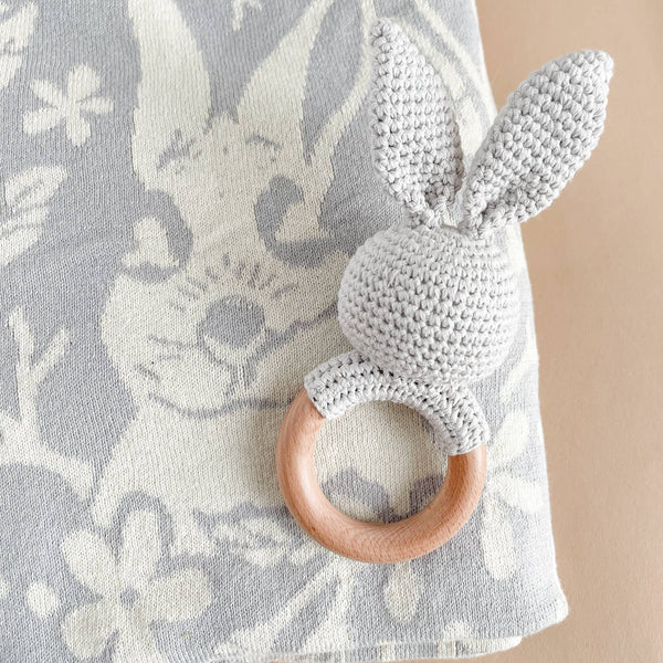 Teether Bunny Grey Cotton Rattle