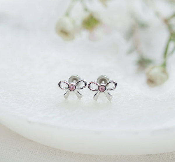 Girls Sterling Silver Pink Bow Screw Back Earrings