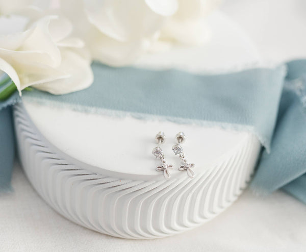 Girls Sterling Silver CZ w/Cross Earrings, First Communion