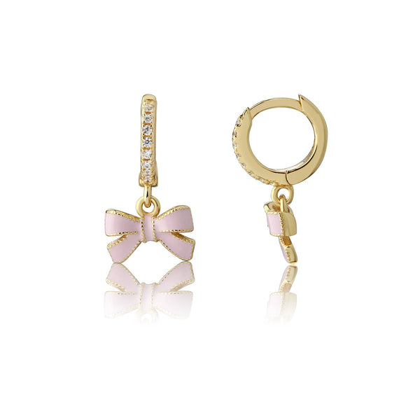 14k-Gold Plated Pink Bow Huggie Hoop or Pearl Earrings