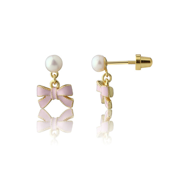 14k-Gold Plated Pink Bow Huggie Hoop or Pearl Earrings