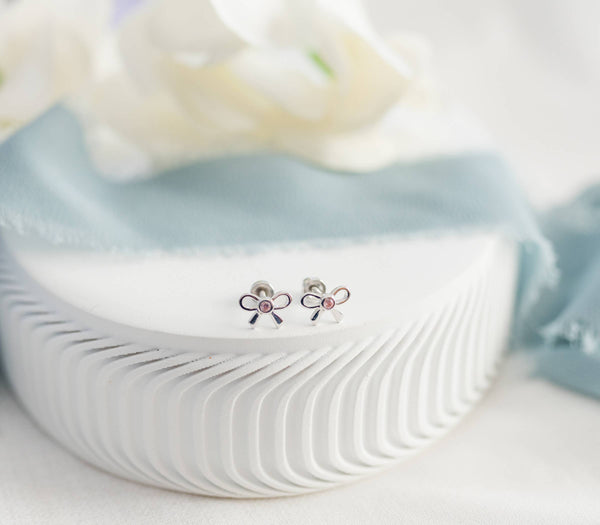 Girls Sterling Silver Pink Bow Screw Back Earrings