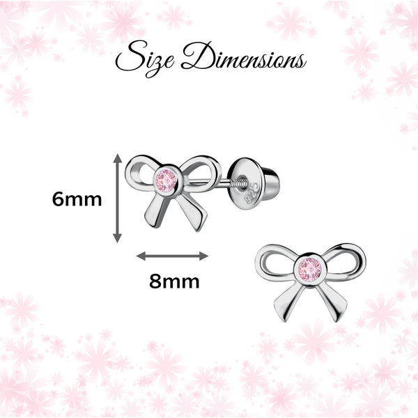 Girls Sterling Silver Pink Bow Screw Back Earrings