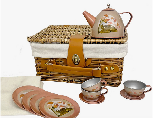 Tin Tea Sets in Wicker Basket