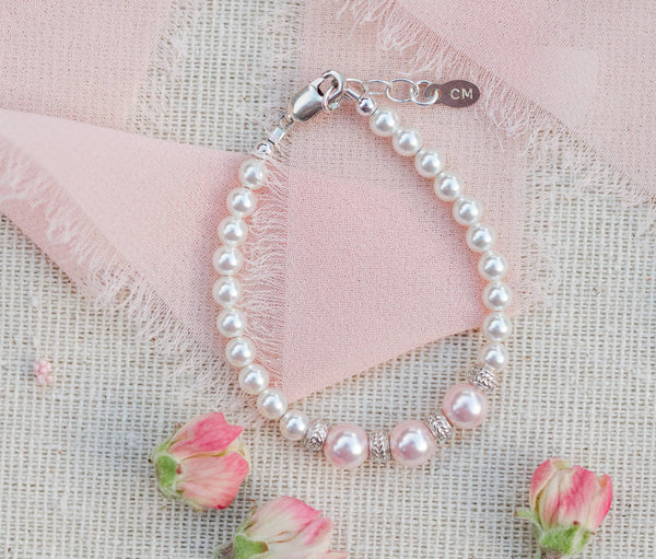 Kids Sterling Silver Pink/White Pearl Bracelet