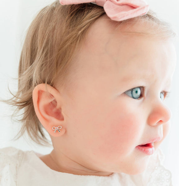 Girls Sterling Silver Pink Bow Screw Back Earrings