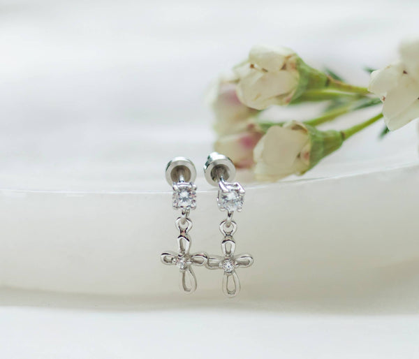 Girls Sterling Silver CZ w/Cross Earrings, First Communion