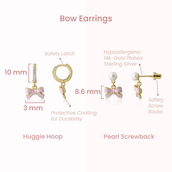 14k-Gold Plated Pink Bow Huggie Hoop or Pearl Earrings