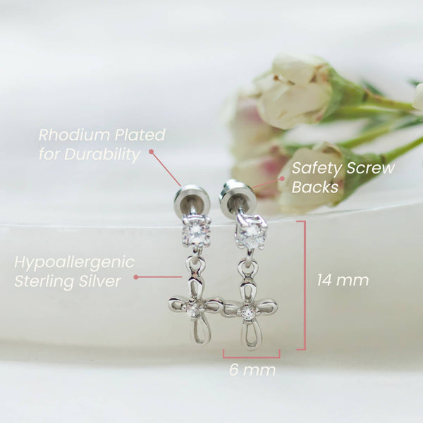 Girls Sterling Silver CZ w/Cross Earrings, First Communion